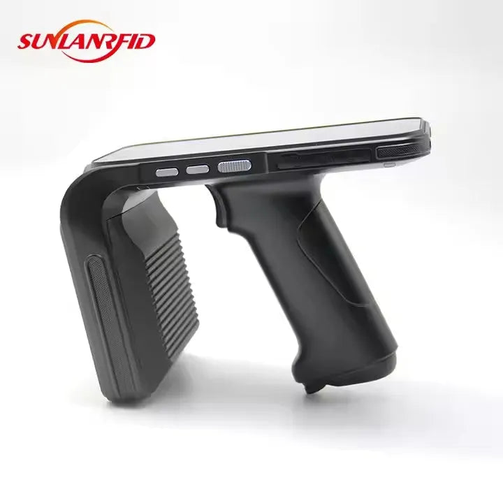 SLP-05 handheld Android UHF RFID reader scanner with touchscreen display and removable battery.