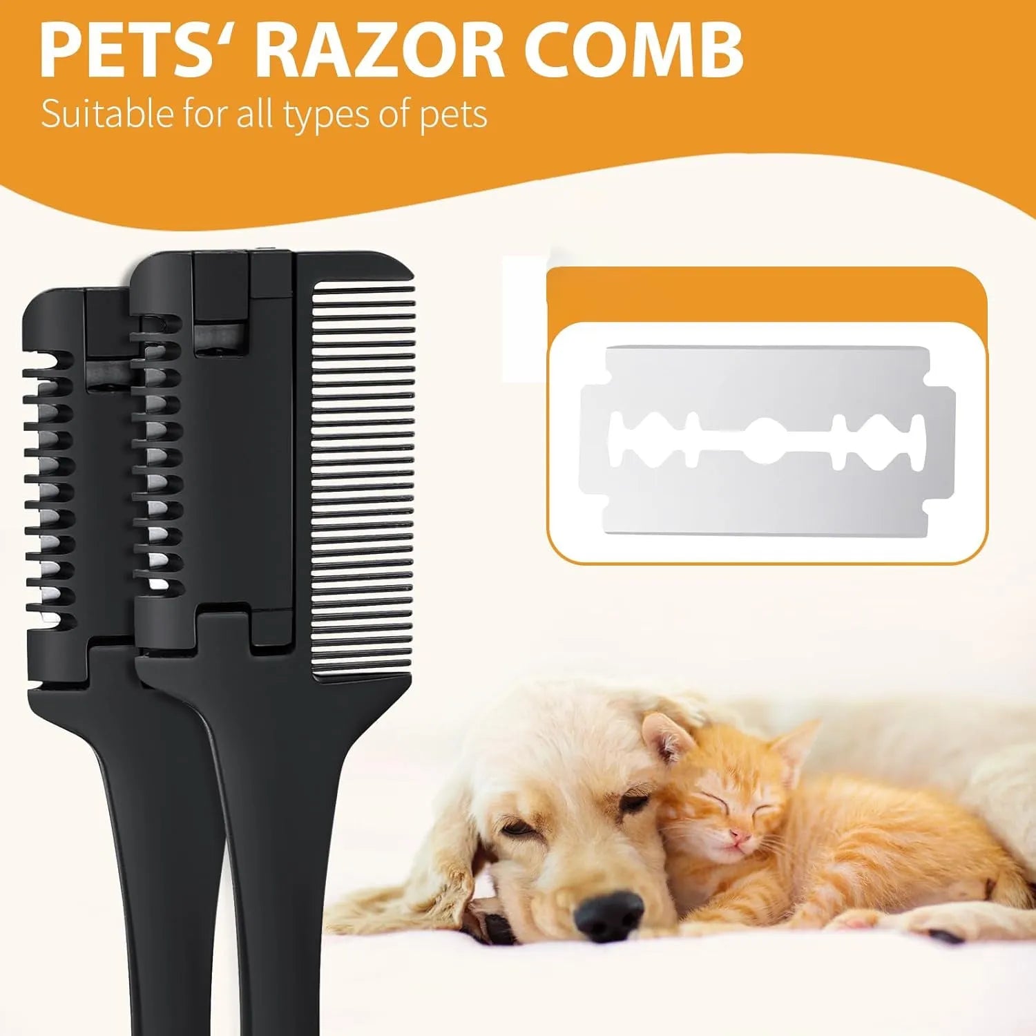 Pet razor comb grooming tool with comb teeth and trimming blade, shown with replacement blades