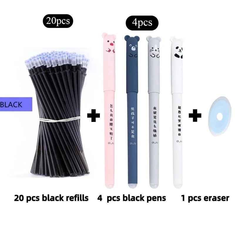 0.5mm hot erasable pen set with plastic caps and replacement refills in black, blue or red ink options