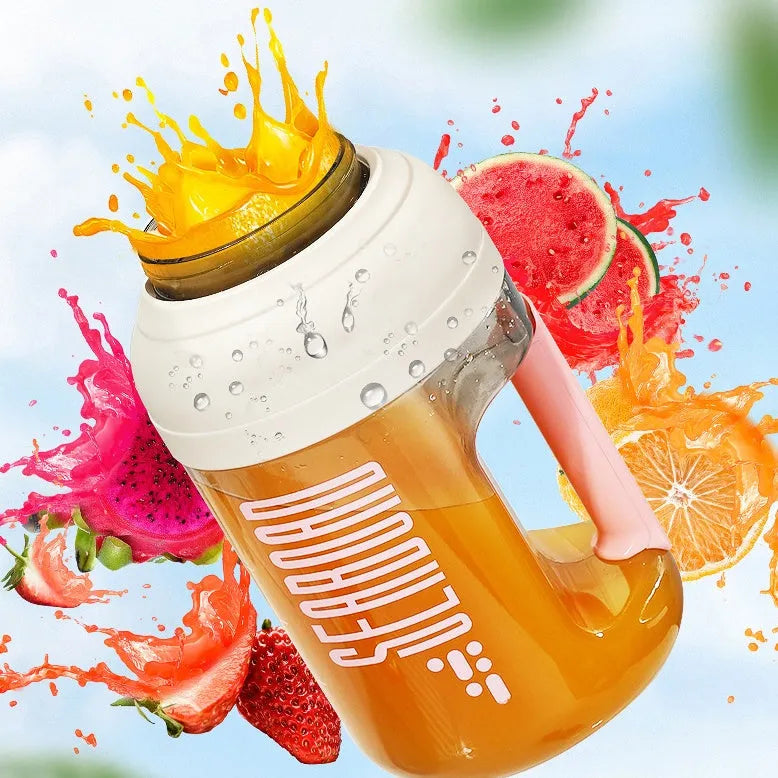 Electric portable juicer cup 1500ml rechargeable with PC food grade liner in pink colour, on white background