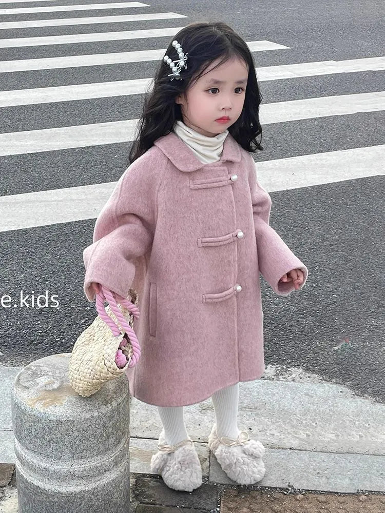 Reversible peach pink woolen coat for girls, thickened cotton, solid colour, front view, size 110 cm