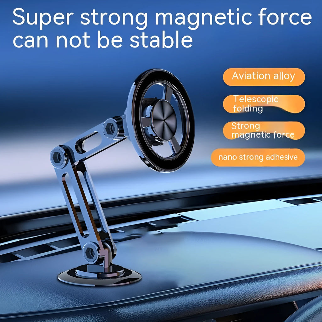 All-metal magnetic car phone holder in black, mounted on a dashboard with a smartphone attached.
