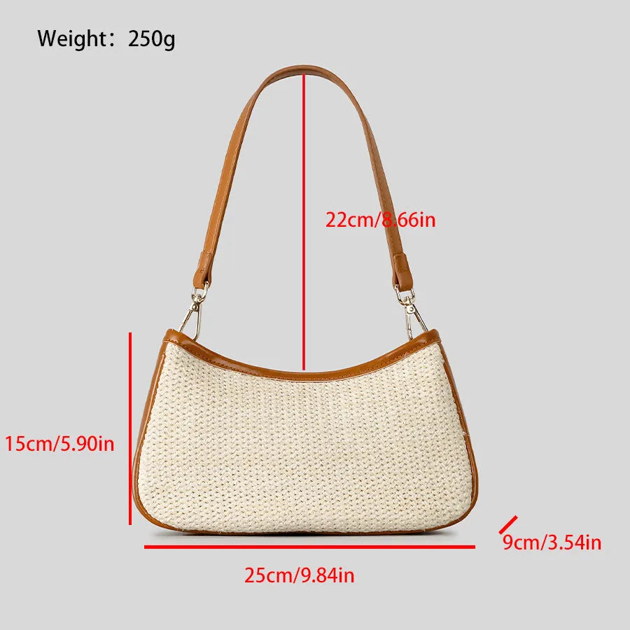 Khaki coloured hand-woven straw crossbody bag with a single strap and an internal phone pocket.