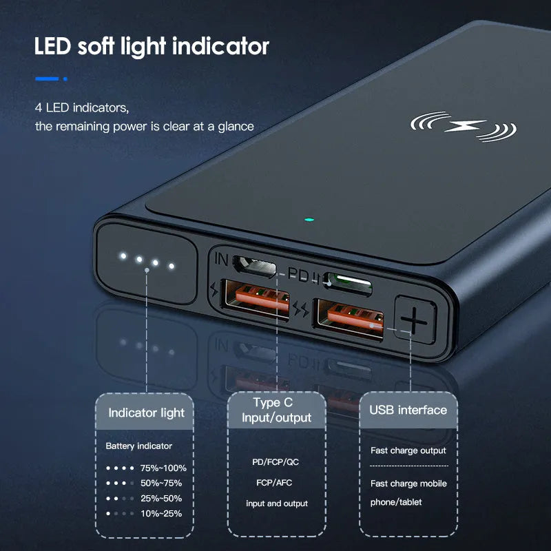 Black and blue square aluminum wireless charging power bank with integrated plug.