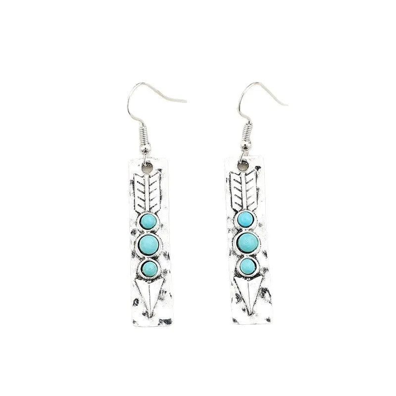 Silver geometric earrings with turquoise inlay on long strip zinc alloy design for women