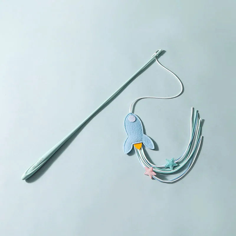 Blue and green cat teaser wands with feather attachments and long bite-resistant poles