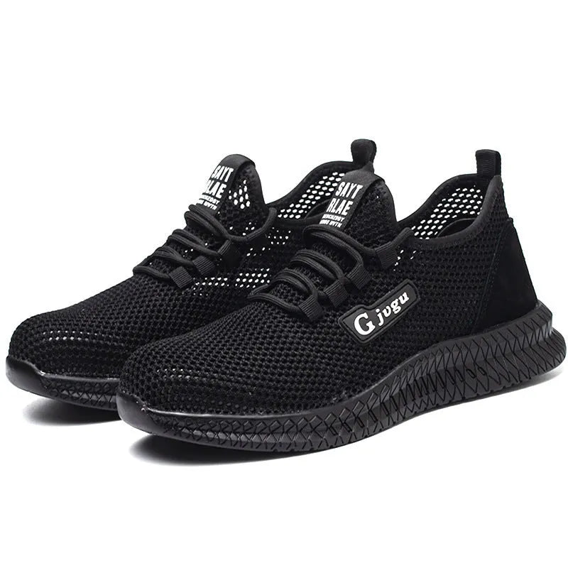 Men's Flyknit steel toe cap low-top work shoes in black, grey, and yellow colour options