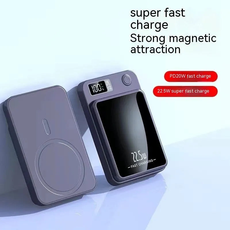 Wireless power bank with MagSafe compatibility in black, white, purple, and green colour options showing compact plastic design