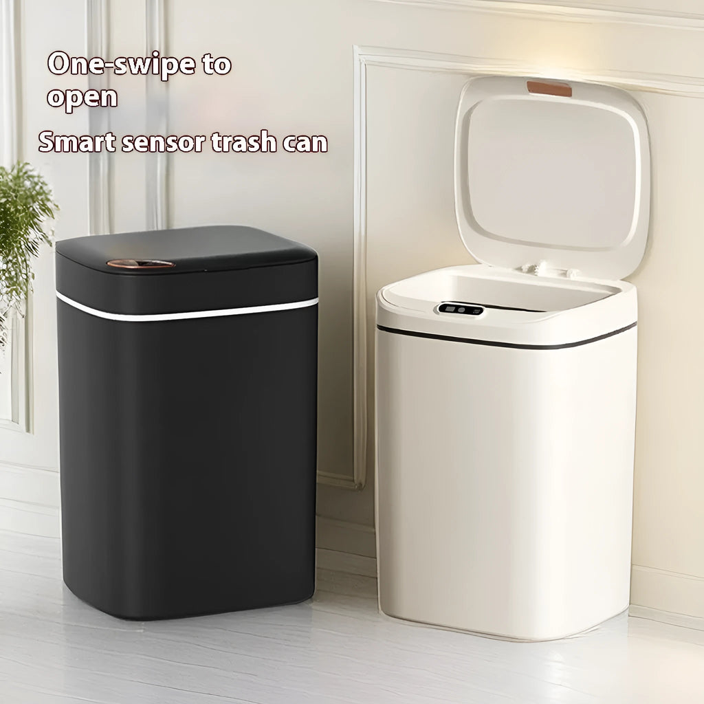 Square intelligent automatic sensor dustbin with induction opening lid in milky white