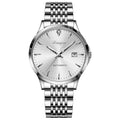 Men's automatic watch with stainless steel bracelet and a white dial, showing water resistance of 30 metres.
