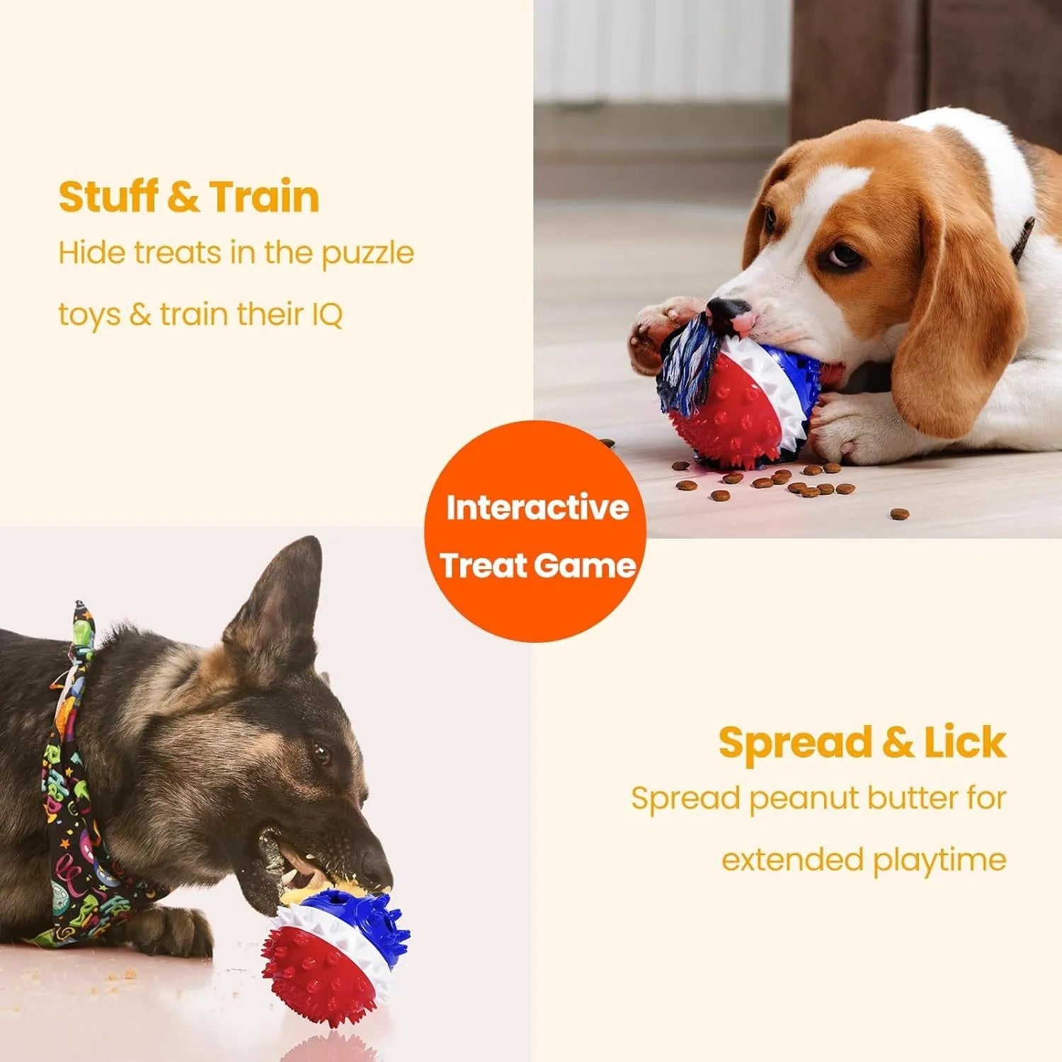 Blue and red TPR rubber dog chew toy with rope attachment and treat dispenser hole