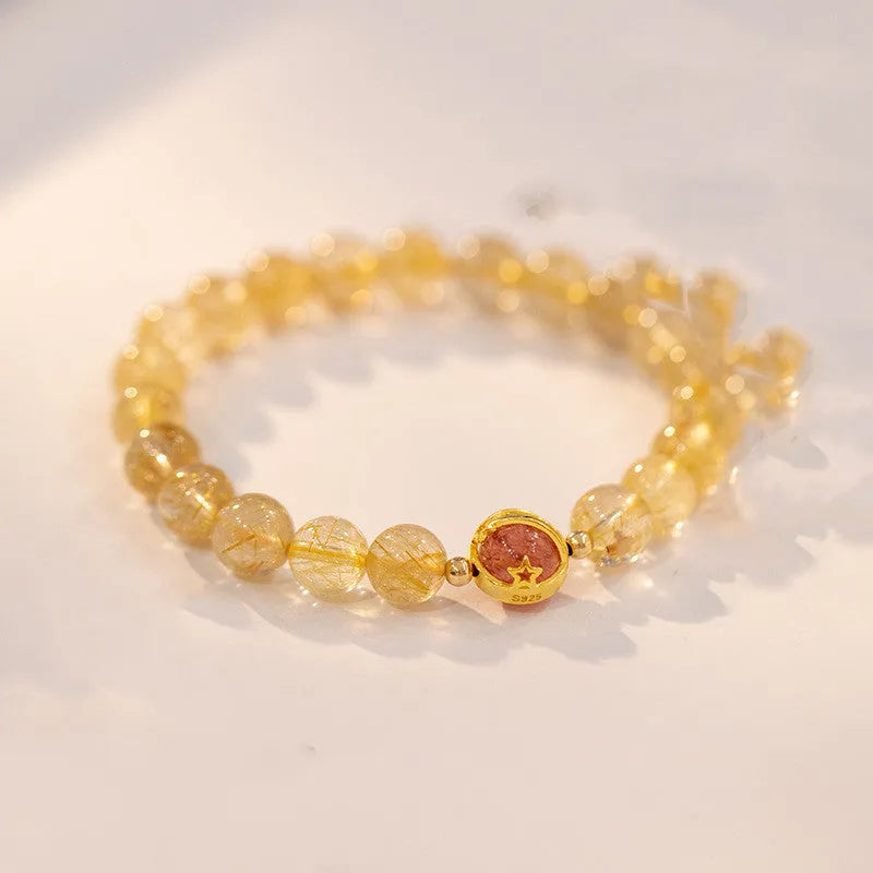 Citrine and gold rutilated quartz crystal bracelet in Korean style with diamond shapes