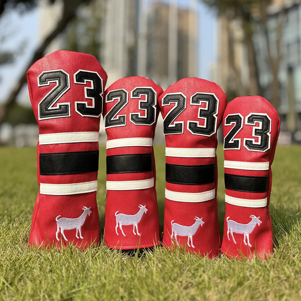 Set of four Ram PU golf club headcover sleeves for driver, fairway woods, and utility iron.