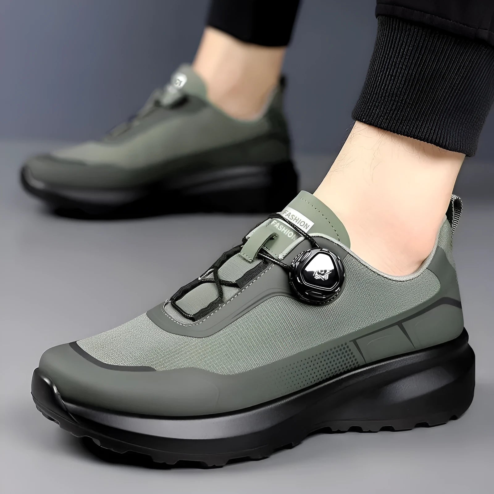 Men's thick sole rotating button casual sneakers in army green with PVC platform and mesh lining