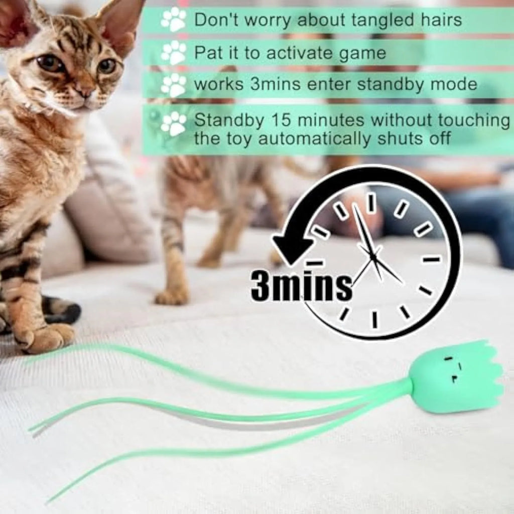 Green automatic electronic cat wand toy with swinging silicone tails on a 38cm wand.