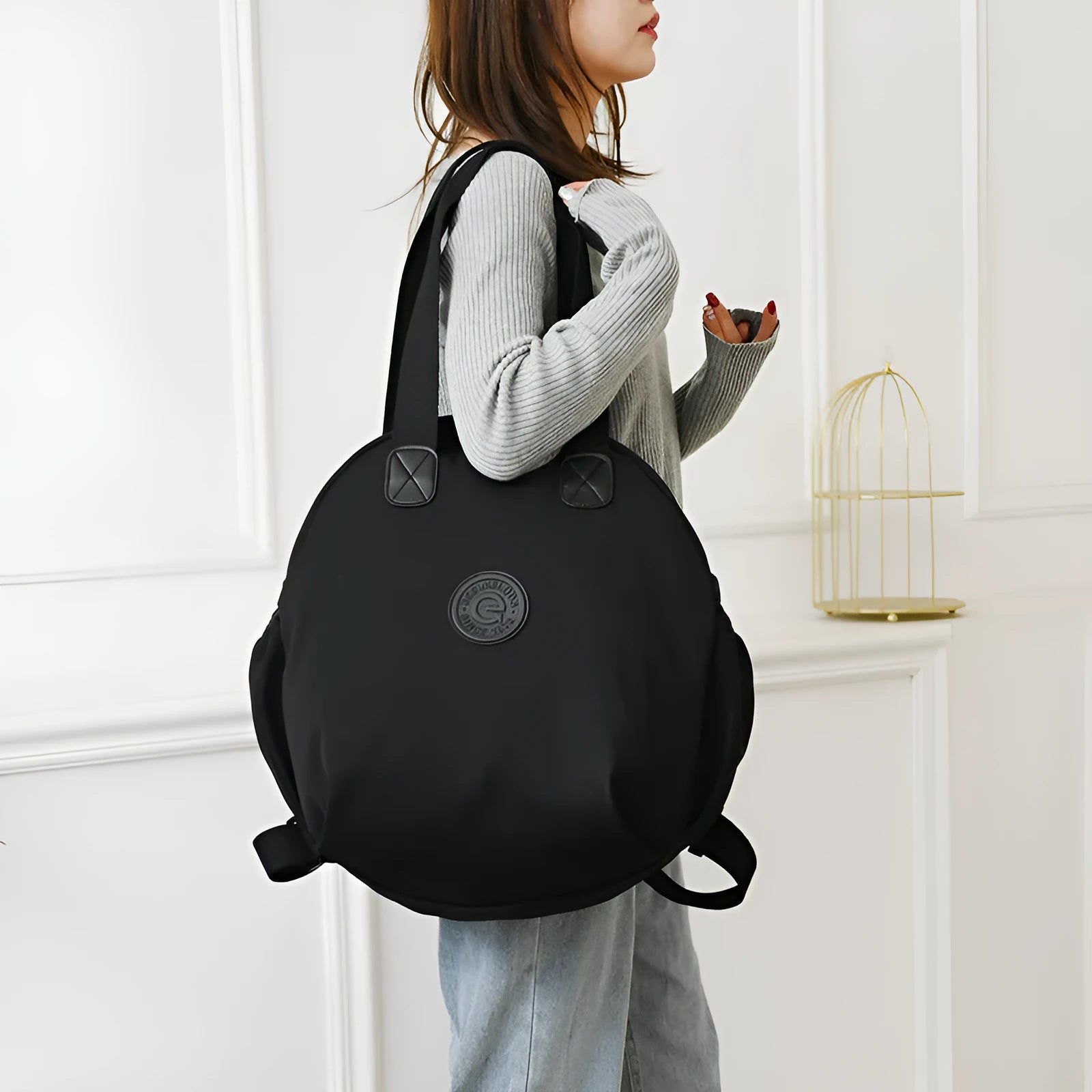 Black nylon large capacity multifunctional bag with backpack, shoulder, and handbag modes for women