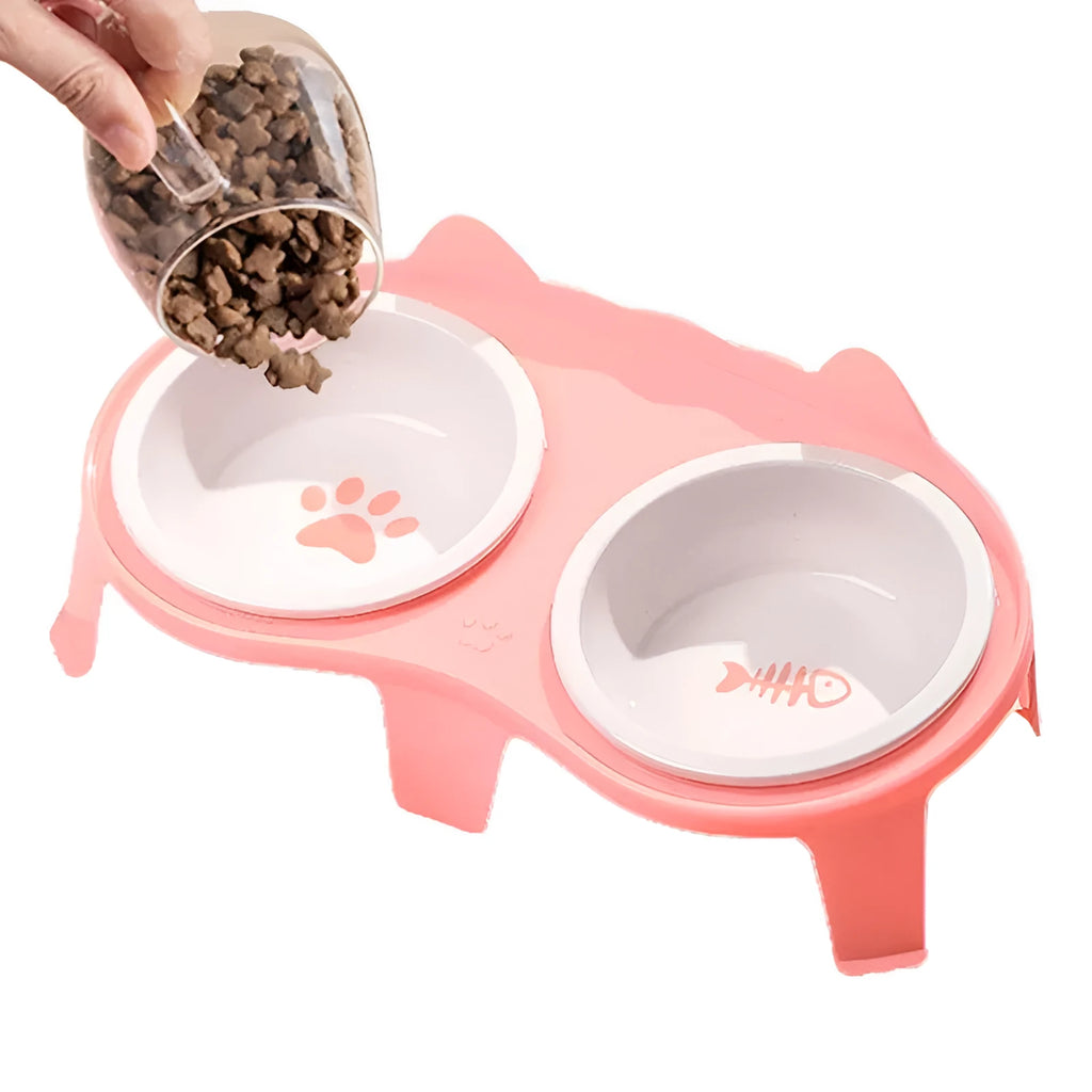 Ceramic elevated cat food and water bowl set with tilted stand in choice of colours