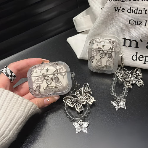 Butterfly TPU protective cover for AirPods with beaded pendant and embossed cartoon design
