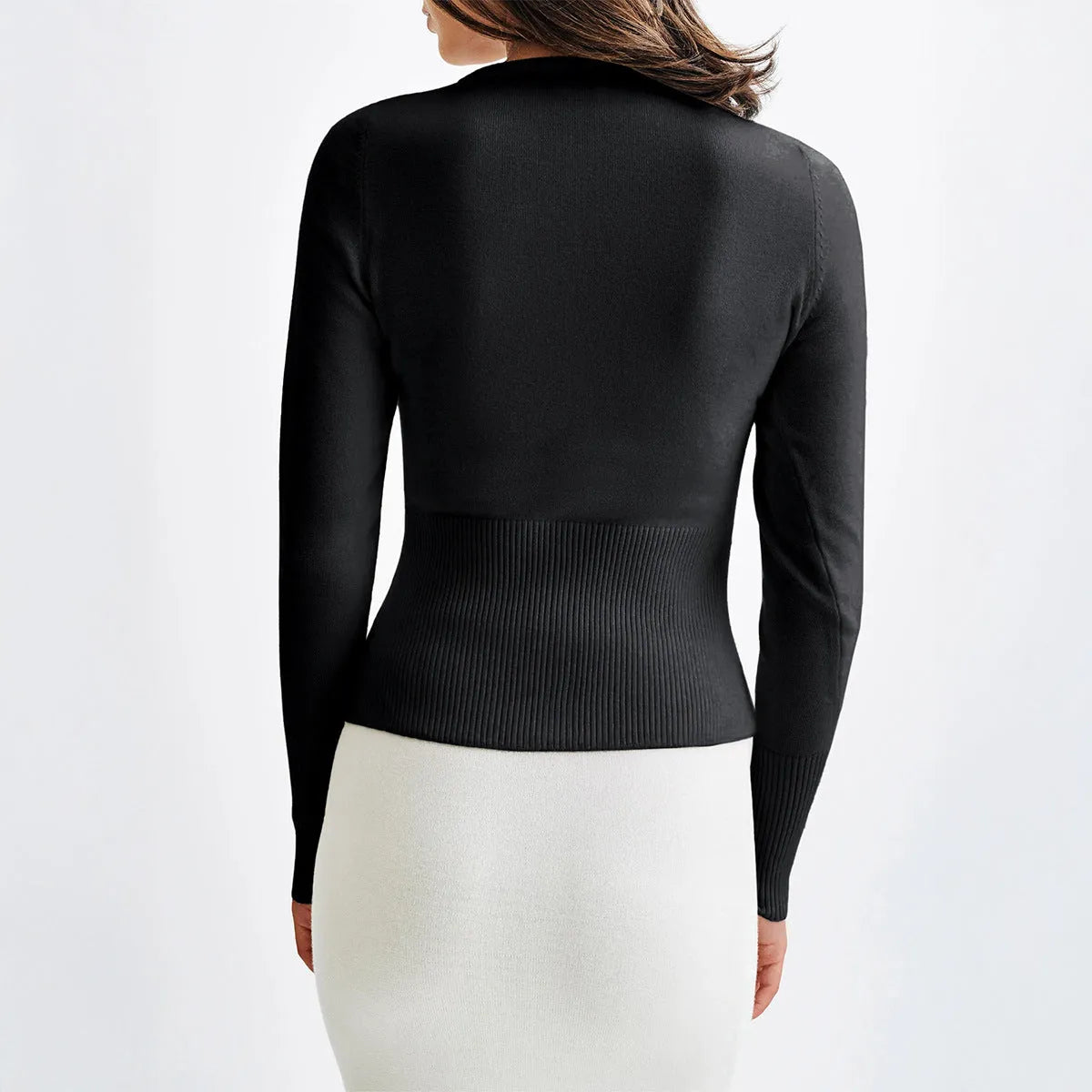 Women's solid colour long-sleeved viscose shirt in black, front view, casual European American style