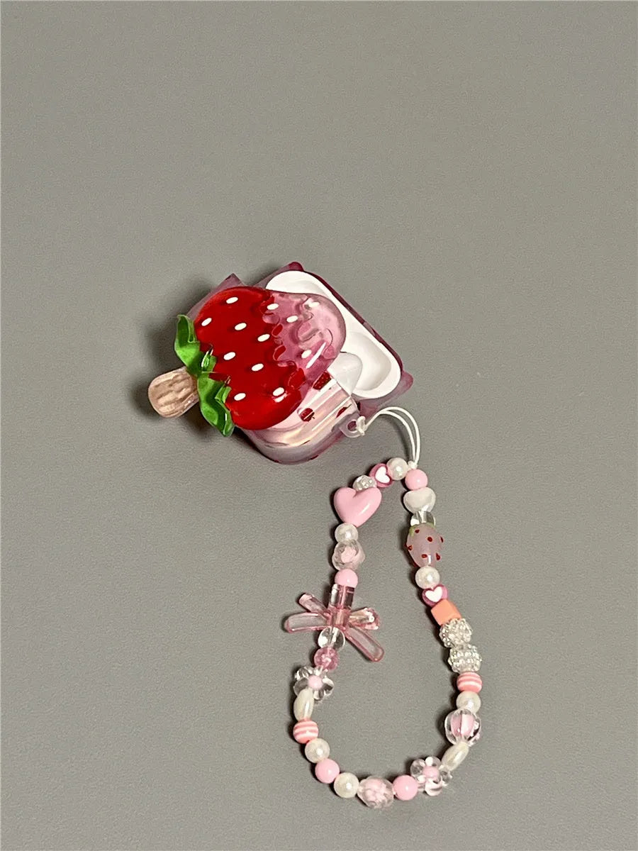 3D strawberry ice cream silicone protective cover for AirPods Pro 2 case with bracelet option