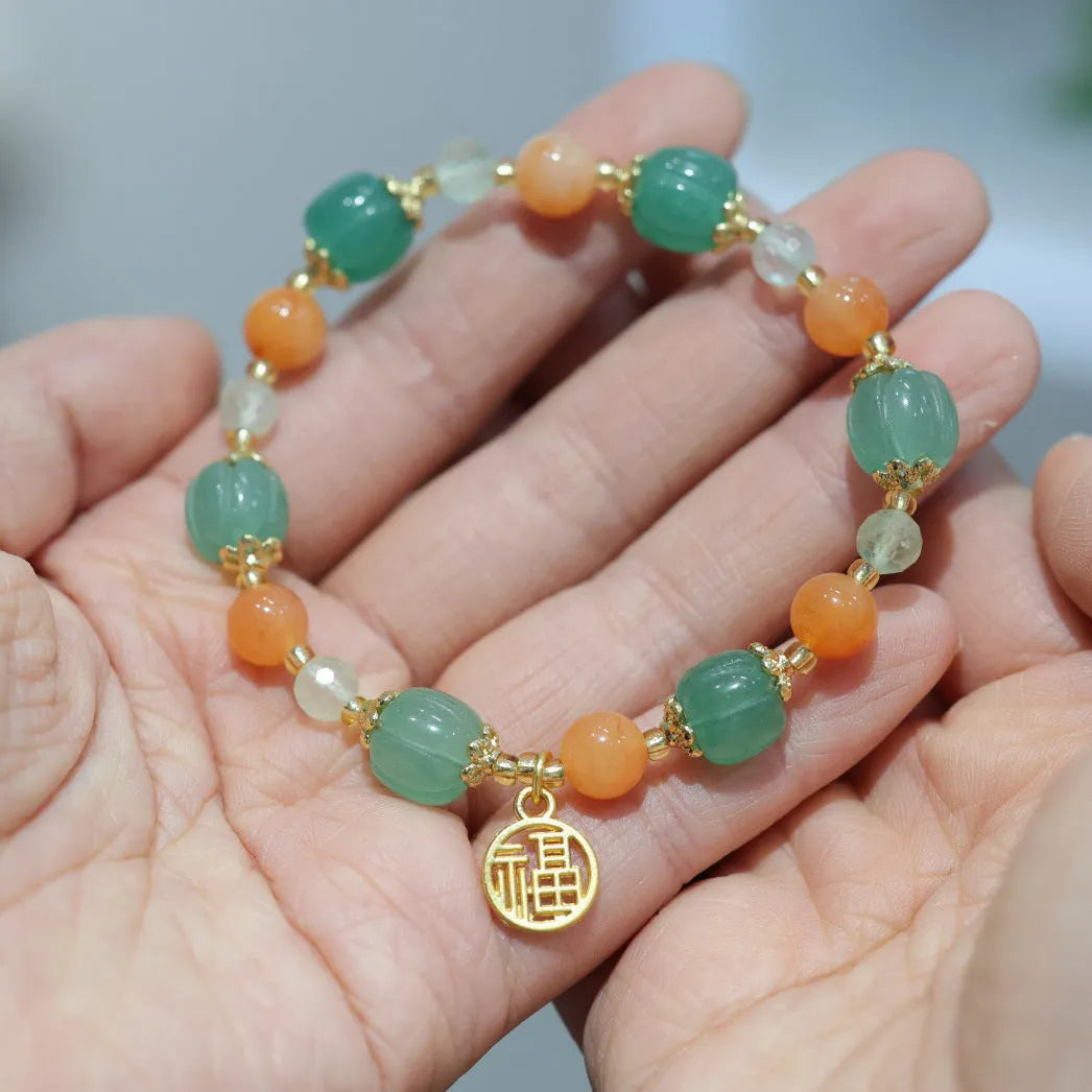 Traditional Chinese style Jinsi Jade bracelet with Duobao pumpkin bead for 14-16.5cm wrist