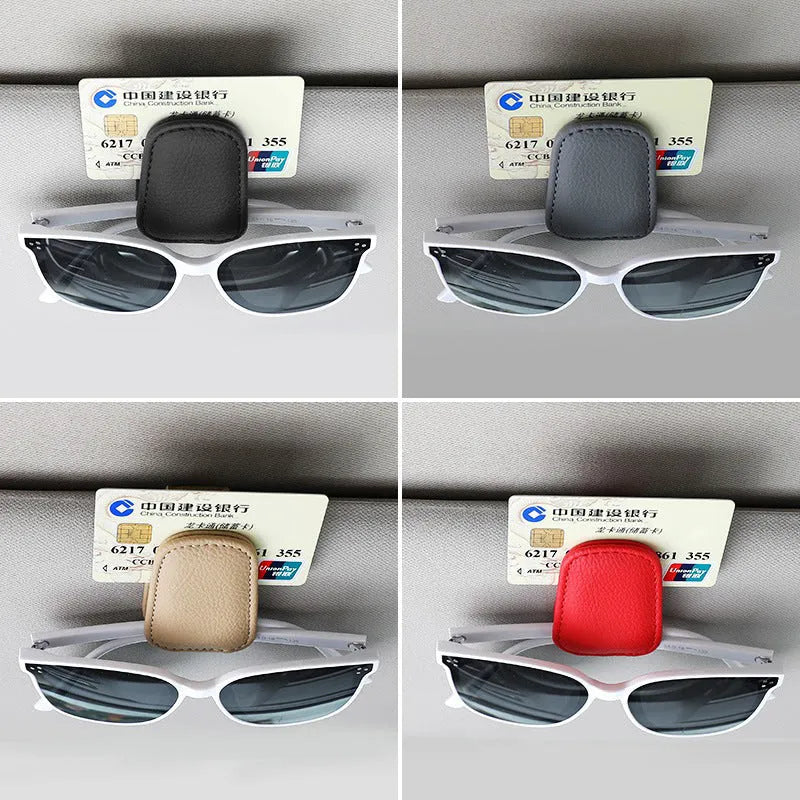 Car sunglasses clip with PU leather case attached to sun visor