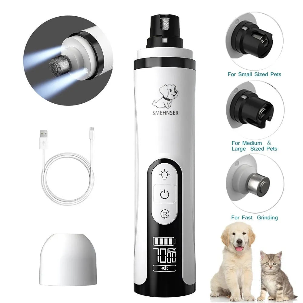 Electric dog nail grinder device with LED digital display and dust collection attachment