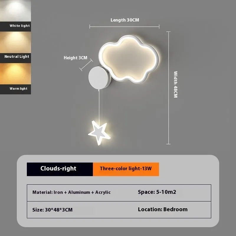 White left-facing cloud children's bedside wall lamp with a three-colour LED light on a bedroom wall.