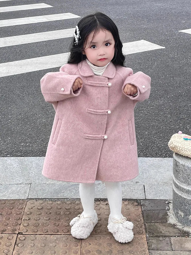 Reversible peach pink woolen coat for girls, thickened cotton, solid colour, front view, size 110 cm