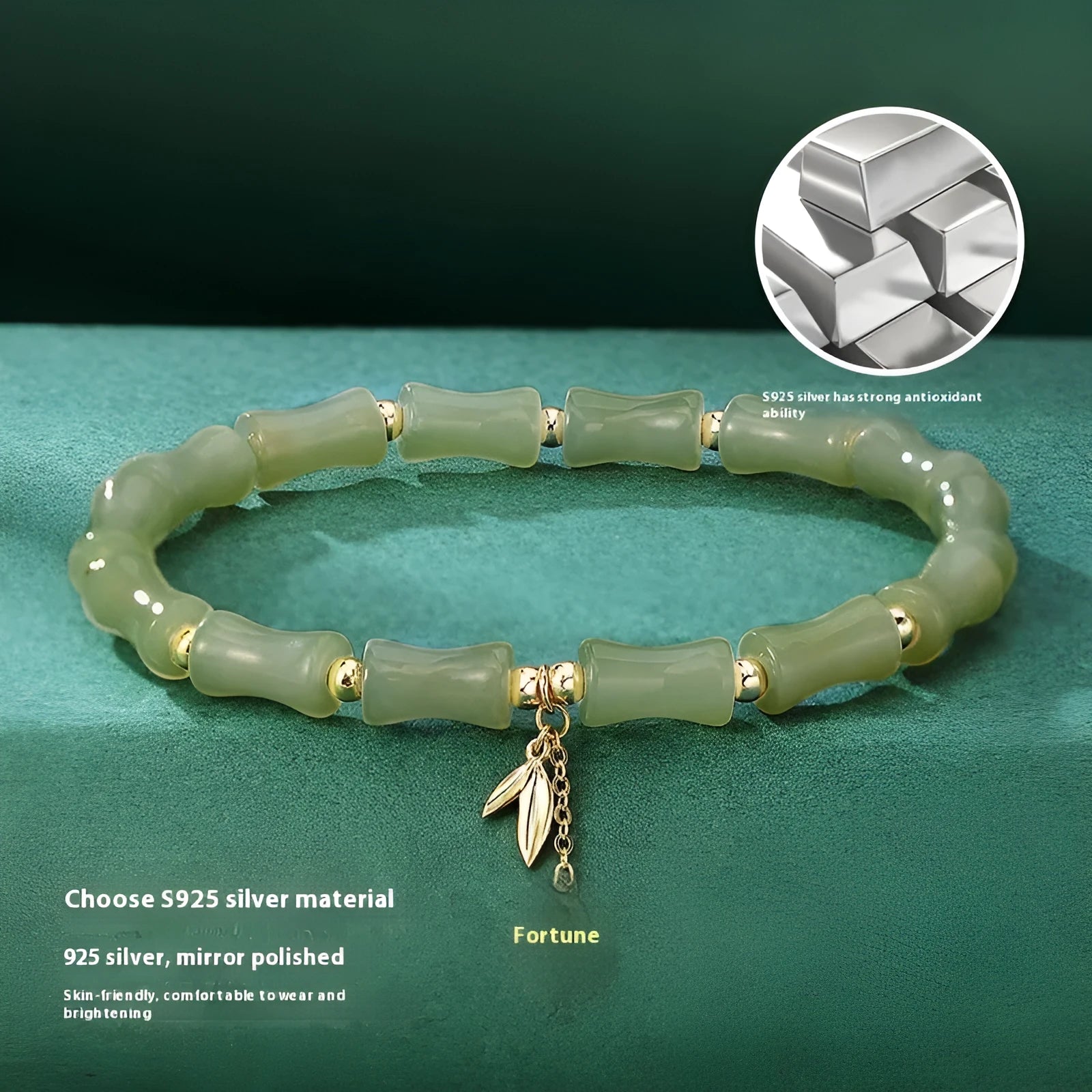 Green Chinese-style bamboo joint bracelet and necklace set made from alloy with Hetian jade accents.
