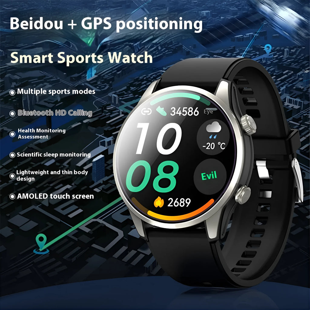 Intelligent dual-frequency positioning outdoor sports watch with heart rate monitor, black colour, alloy body, touch screen