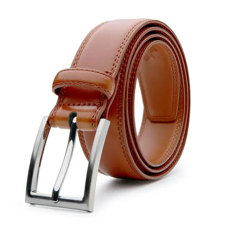 Men's brown genuine leather casual belt with 95 grain pattern and alloy buckle, laid flat to show length.