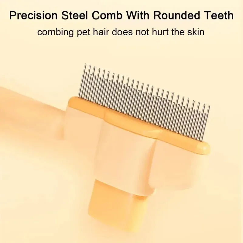 Green and yellow dog grooming brush with one-click hair removal and pressure adjustment features