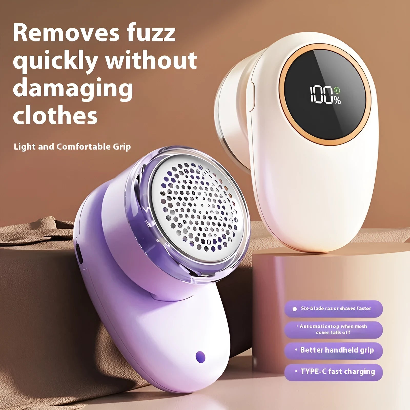 Purple and beige digital fur ball trimmer lint remover with multiple interchangeable cutter heads on display.