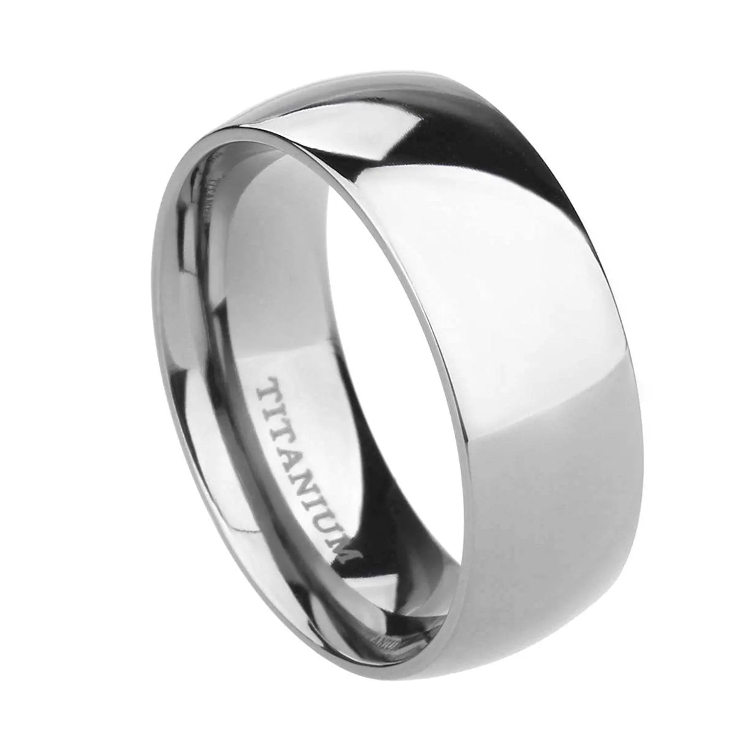 A polished silver titanium ring shown in three width options: 2mm, 4mm, and 6mm.