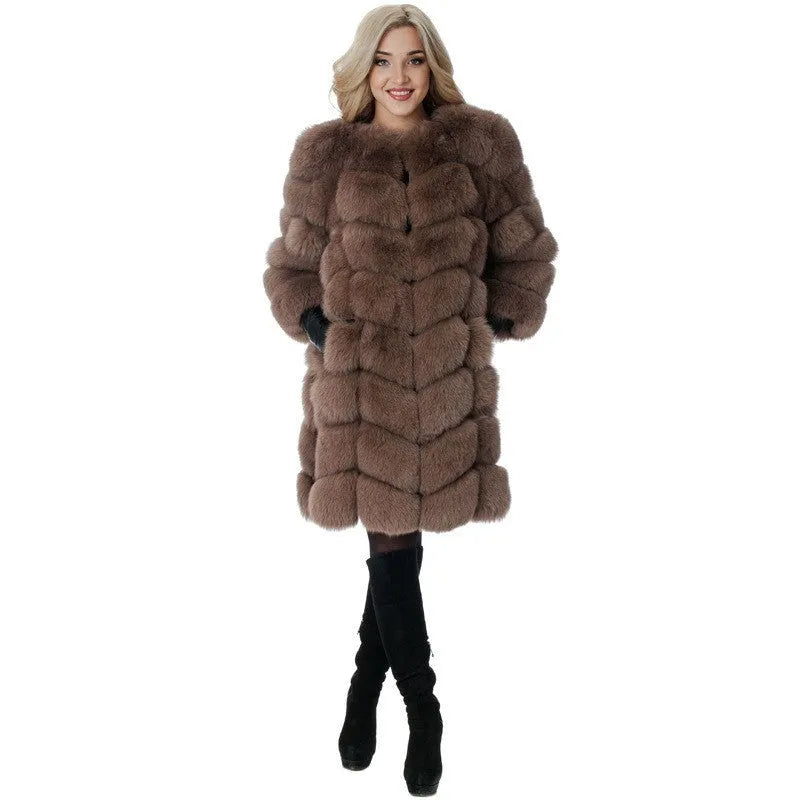 Women's thick artificial fur coat in wine red colour showing full 80cm length and regular sleeves
