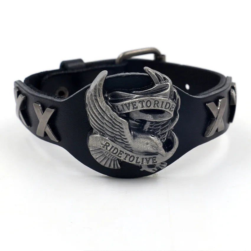 Black geometric leather wrist bracelet with detailed alloy eagle clasp showing tapered width design