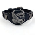 Black geometric leather wrist bracelet with detailed alloy eagle clasp showing tapered width design