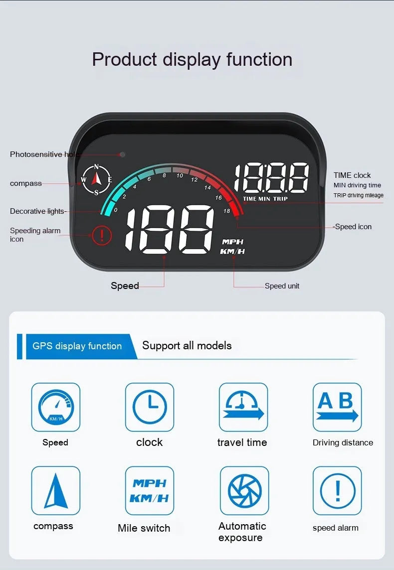 Black head-up display car GPS speed compass projector with USB cable for universal vehicle installation