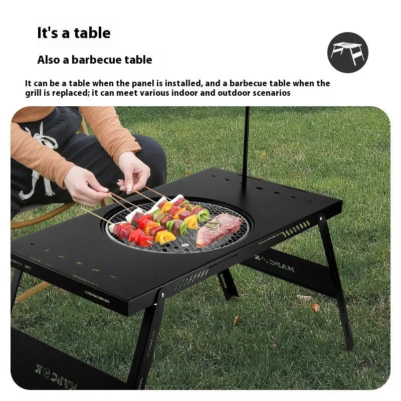 Black foldable steel outdoor barbecue table with integrated grill set, shown in round and square design options.