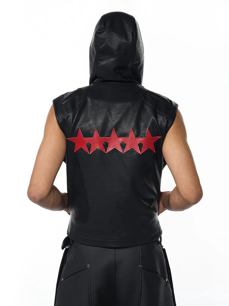 Black men's PU leather waistcoat coat with hooded collar and five-pointed star motifs