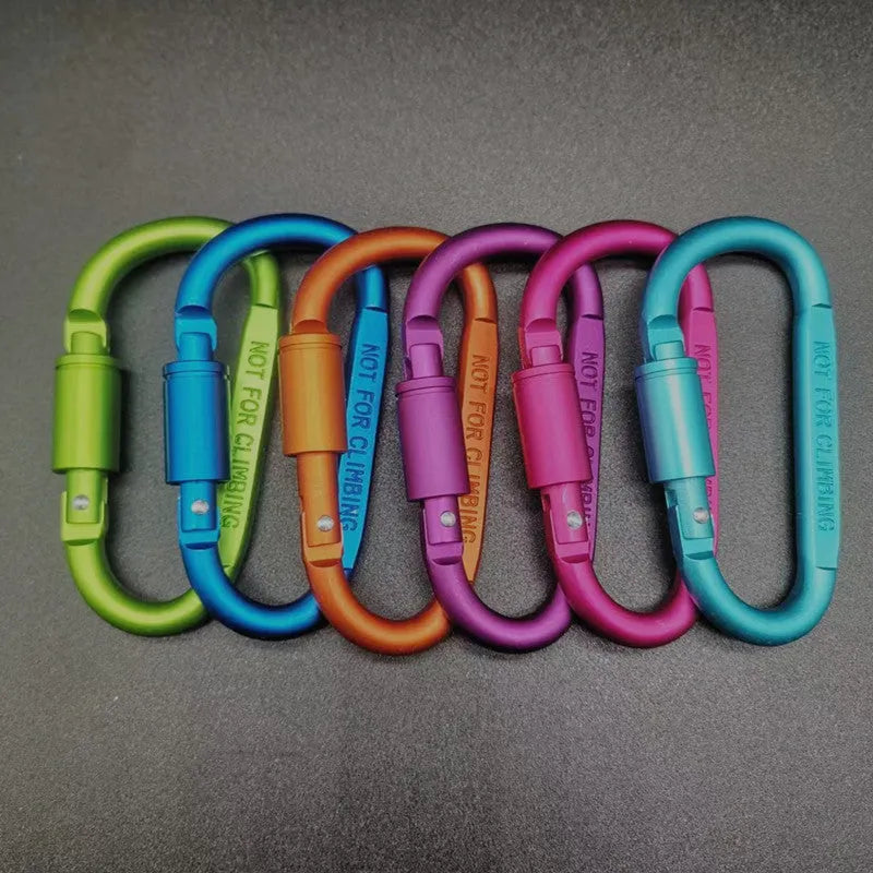 An 8cm aluminium D-type locking carabiner shown in silver, with the gate open.