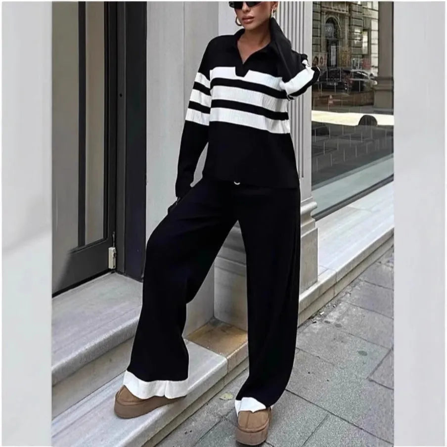 Women's black and white striped polo collar knit top with matching trousers casual two-piece set