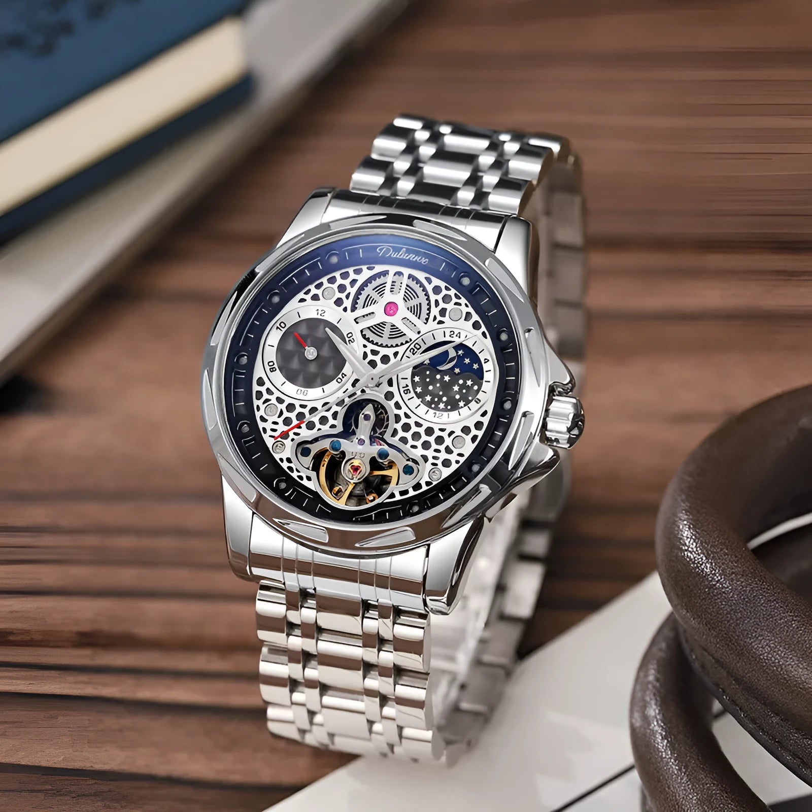 Men's waterproof automatic watch with luminous hands on a stainless steel bracelet.