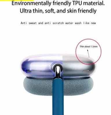 Silicone ear cap set for Apple AirPods MAX with transparent TPU shell, dimensions 90x108x30mm, available in multiple colours