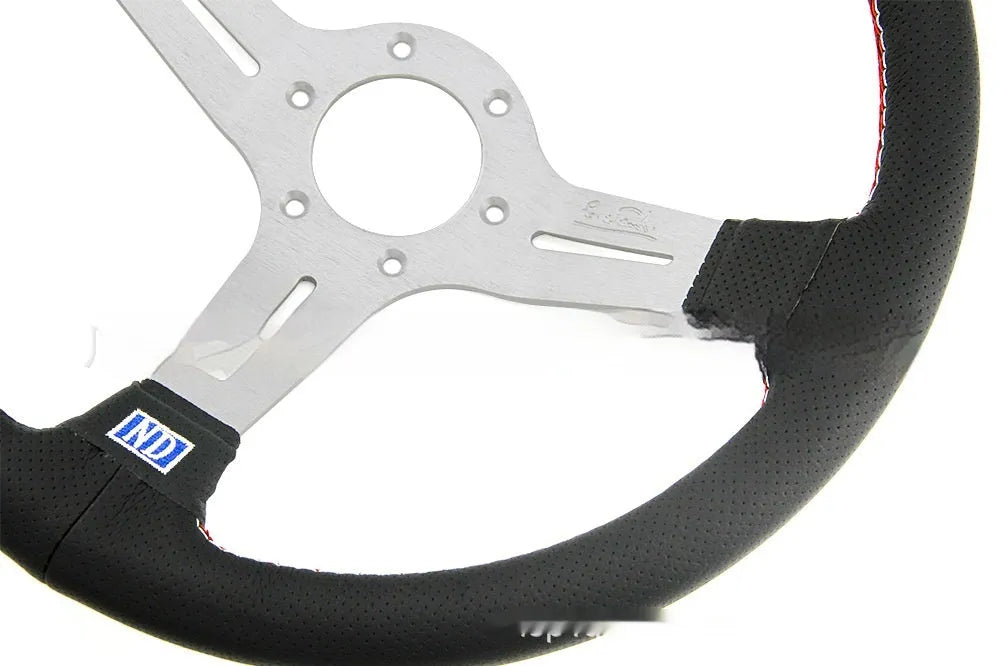 14-inch leather sports steering wheel with a middle concave design and black skeleton.