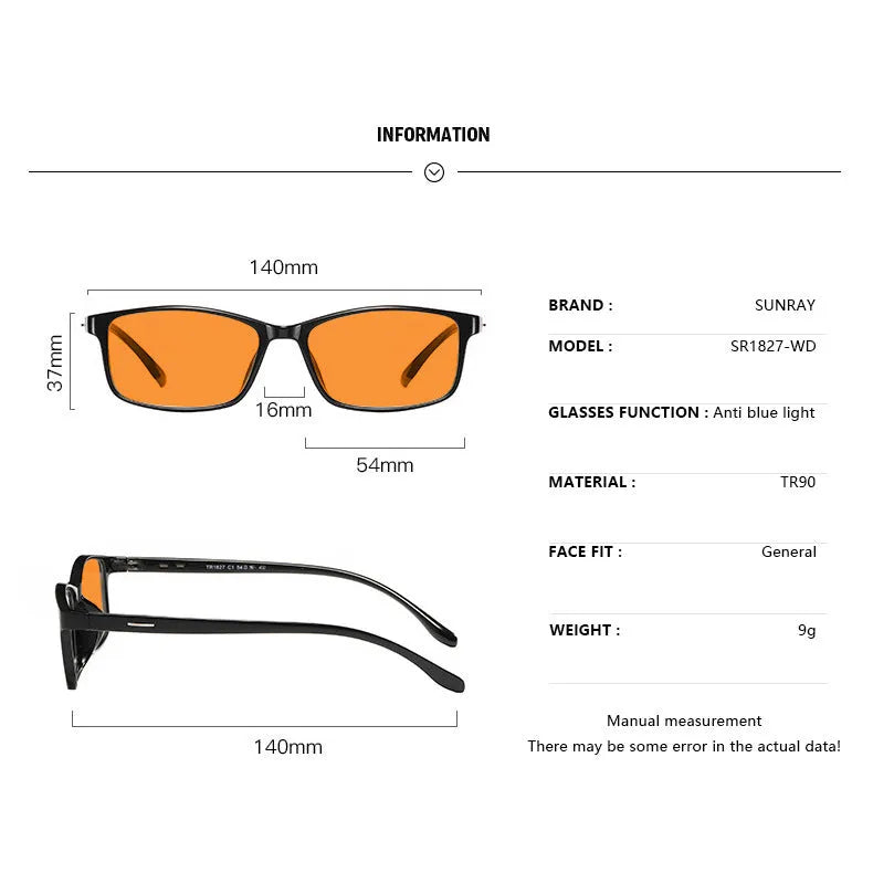 Orange anti-blue light UV protection glasses with full rim frame in multiple colour options