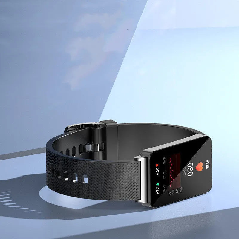 Blood Glucose EP08 smart bracelet in black on wrist, showing touch screen and USB magnetic charger.