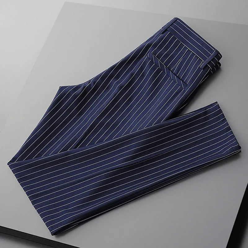 Men's striped casual suit pants with loose drape fitting in multiple colour and style options