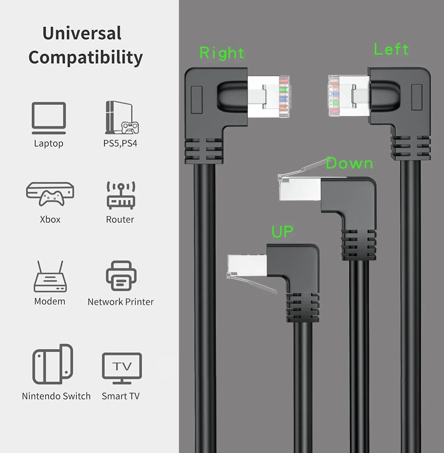 Cat6 Ethernet cable with right-angled RJ45 connector in various colours including black, white, red, yellow, and grey options